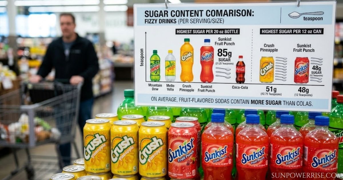 What fizzy drink has the most sugar, comparing Sunkist Fruit Punch, Crush Pineapple, and other popular sodas.