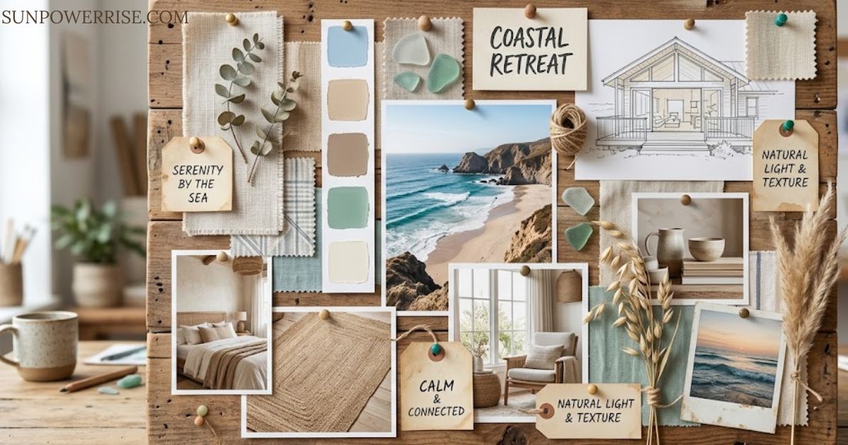 What is a mood board featuring coastal colours, fabric samples, beach photos, and interior design inspiration.