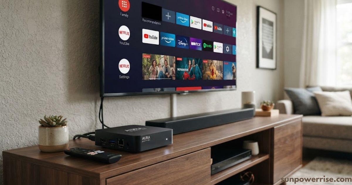 What is a smart TV box: a smart TV box connected to a wall-mounted television, displaying streaming apps on the screen.