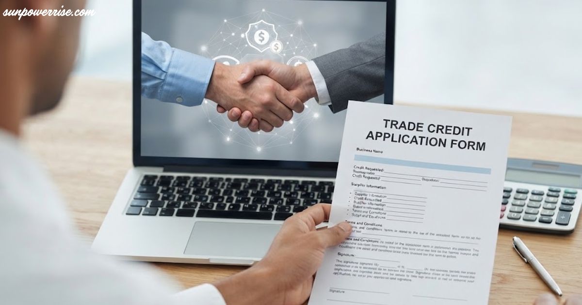 Trade credit application form held in front of a laptop showing a business handshake, illustrating what is trade credit.