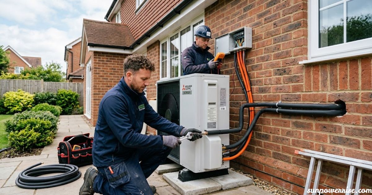 Air source heat pump installation Manchester with professional technicians fitting an outdoor heating unit.