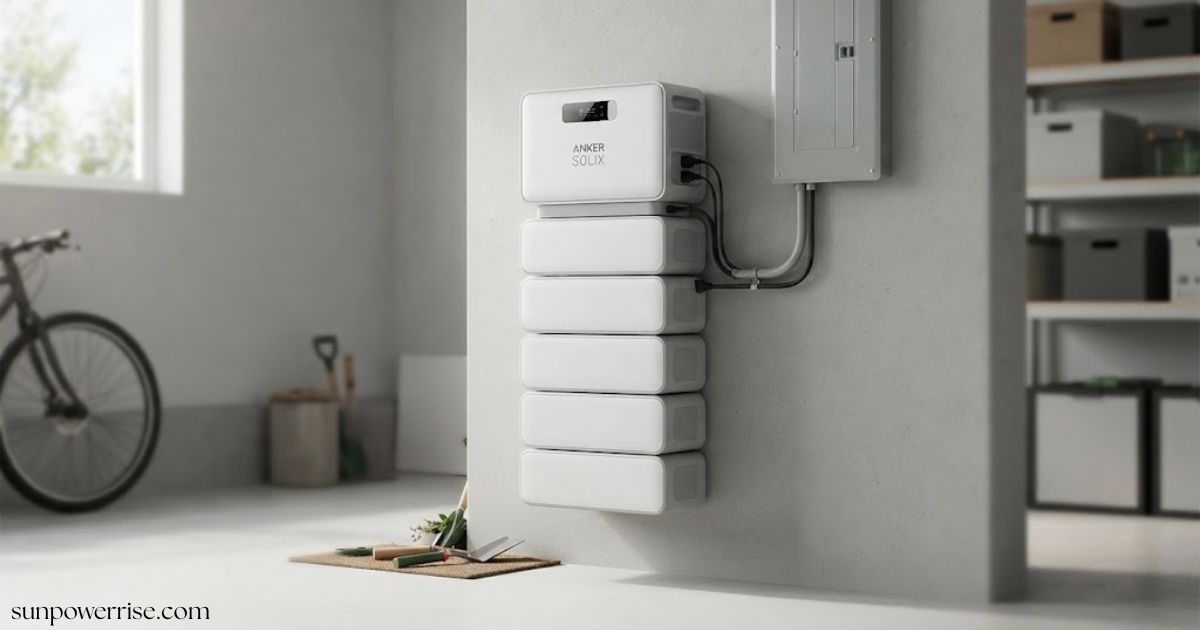 Anker Solix solar battery mounted in a home garage