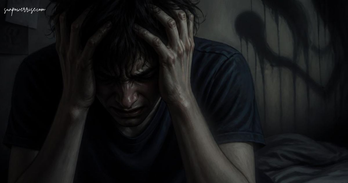 Anzieti illustrated by a distressed person holding their head in a dark room.