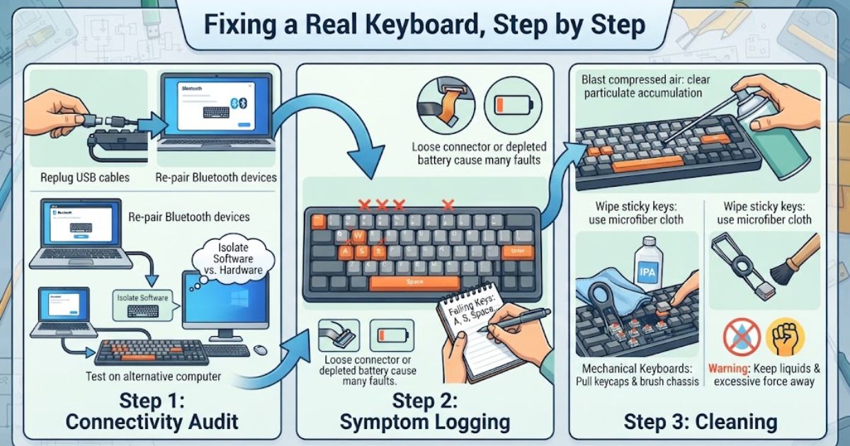 Broken keyboard Grok answer infographic illustrating step-by-step keyboard troubleshooting, connectivity checks, symptom logging, and cleaning.