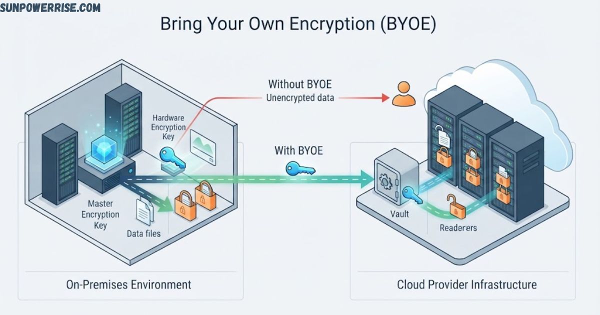 BYOE (Bring Your Own Encryption) diagram showing secure data transfer between on-premises systems and cloud infrastructure.