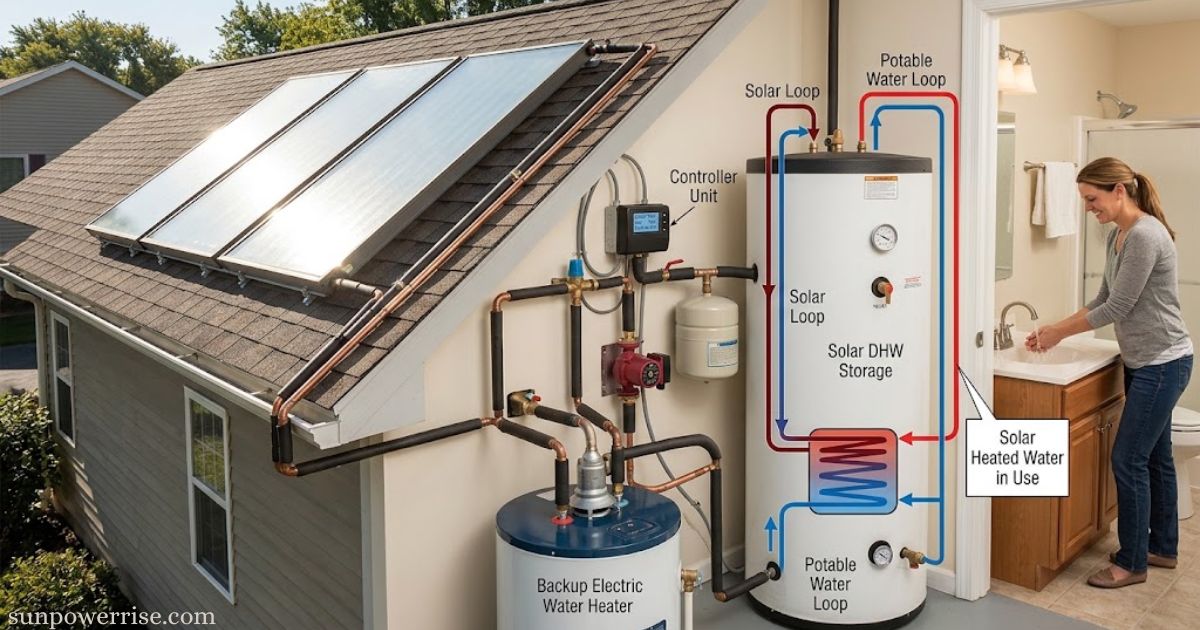 DHW solar system showing rooftop solar collectors connected to a hot water storage tank and household plumbing.