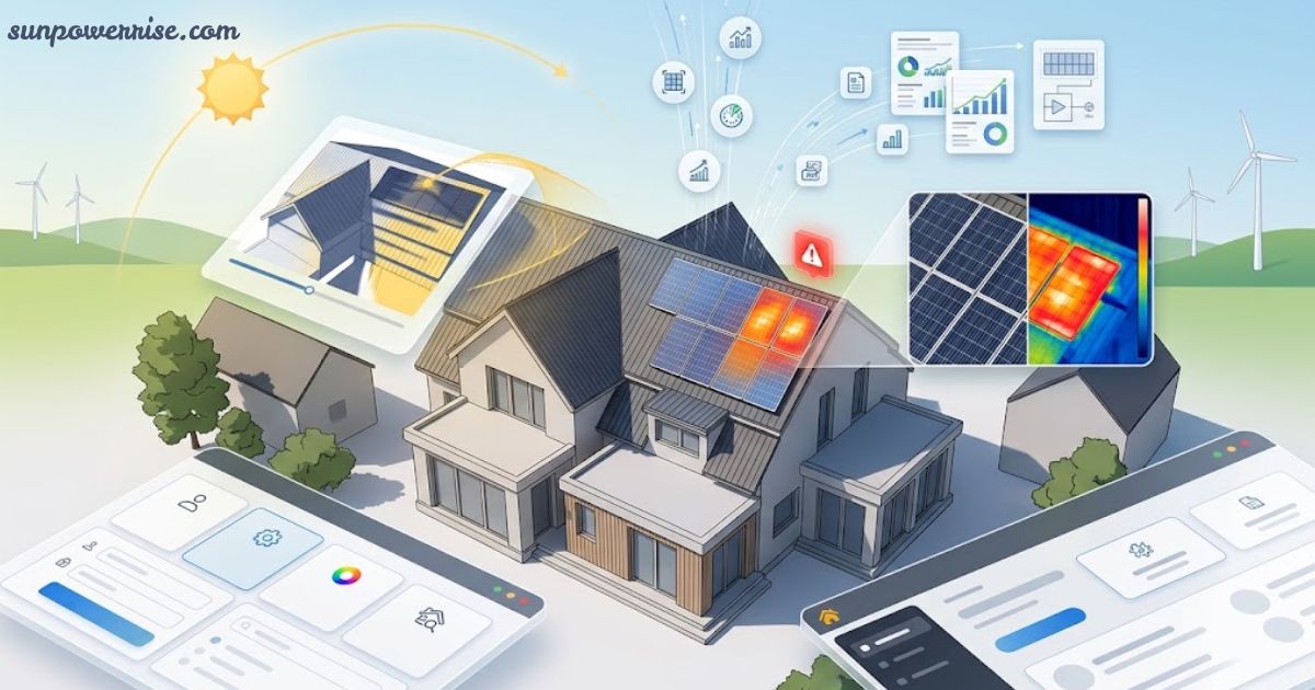 Easy PV solar panel monitoring system displaying a house with rooftop solar panels and energy analysis tools