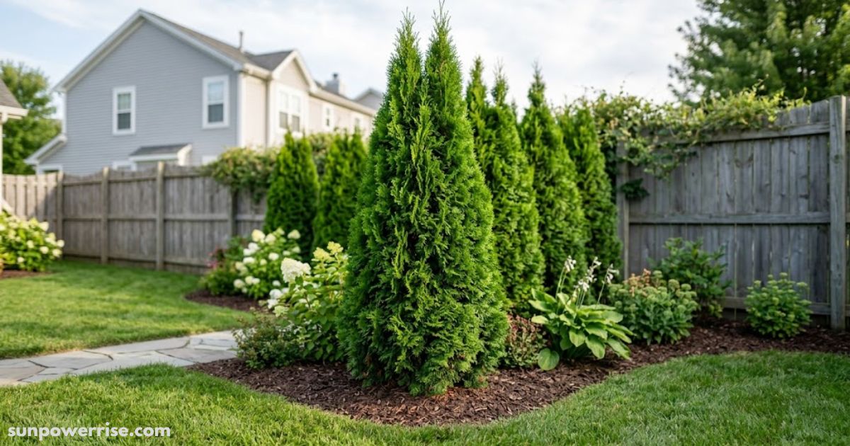 Emerald green arborvitae tree growing in a landscaped backyard garden.