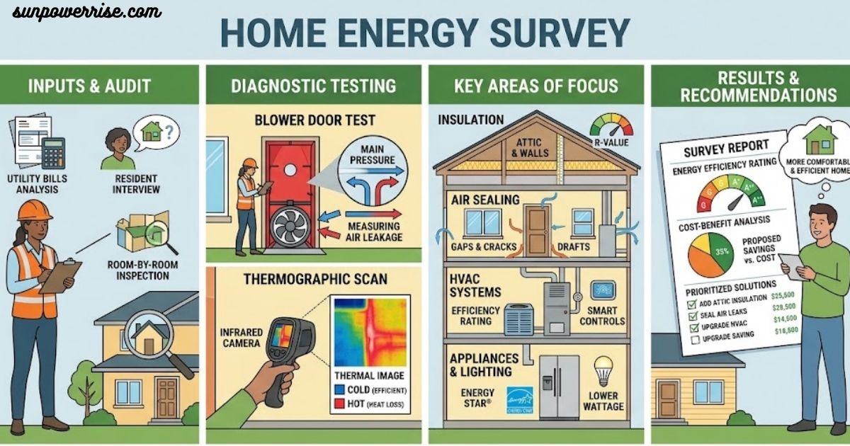 Energy survey infographic showing home energy audits, diagnostic testing, insulation, HVAC systems, and energy efficiency recommendations.