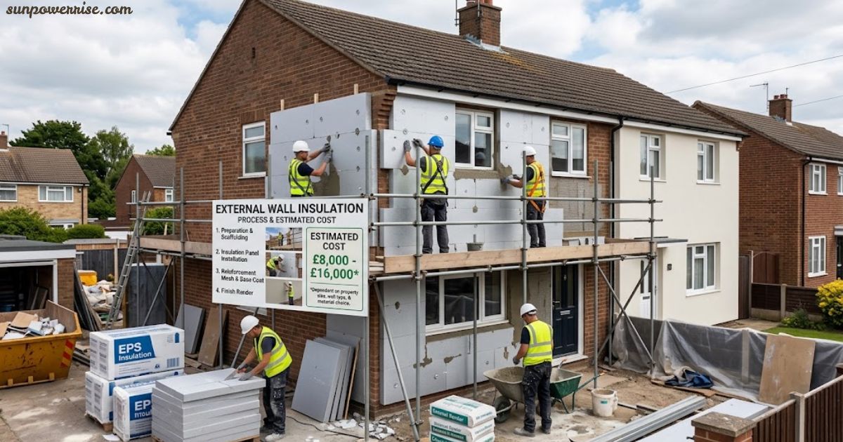 External wall insulation cost with workers installing insulation panels on a residential house.