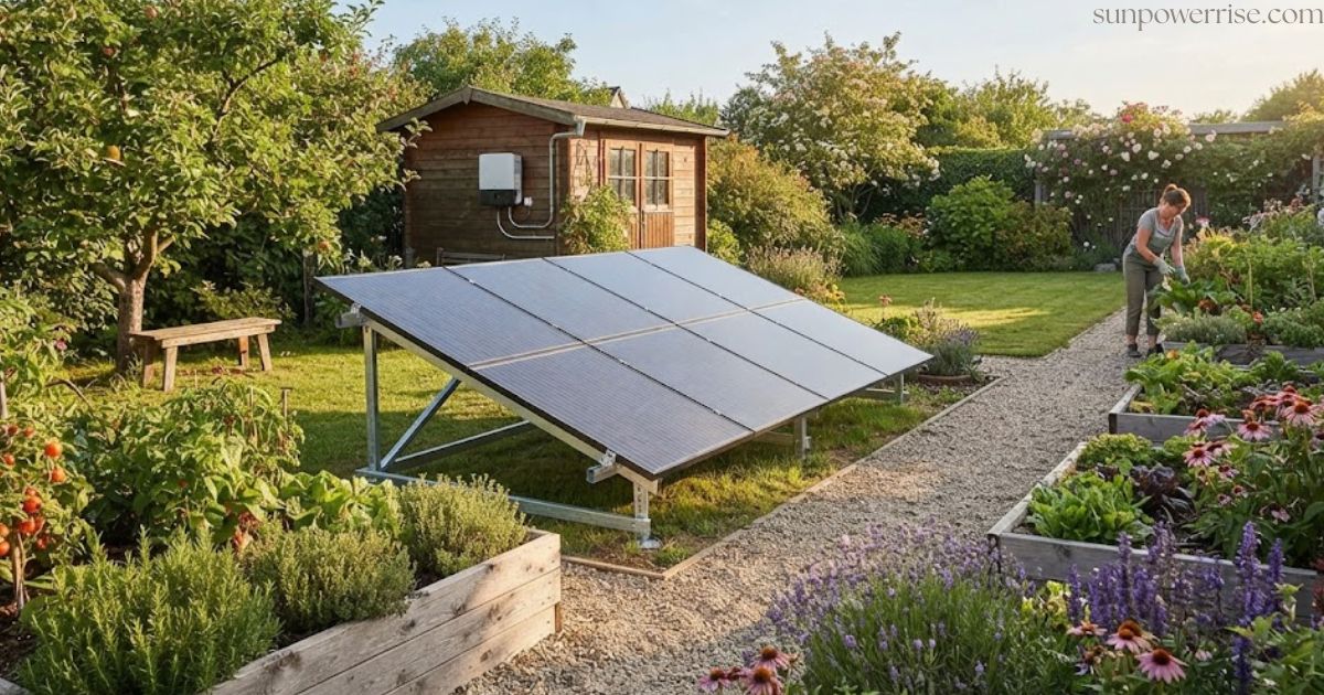 Garden solar panels installed on a ground-mounted system beside a vegetable garden and wooden shed.