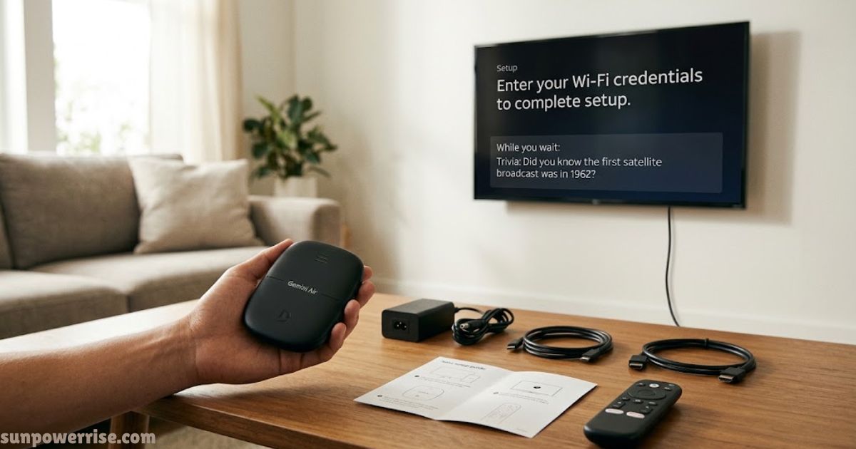 Gemini Air streaming device held in hand beside its power adapter, cables, remote, and setup guide