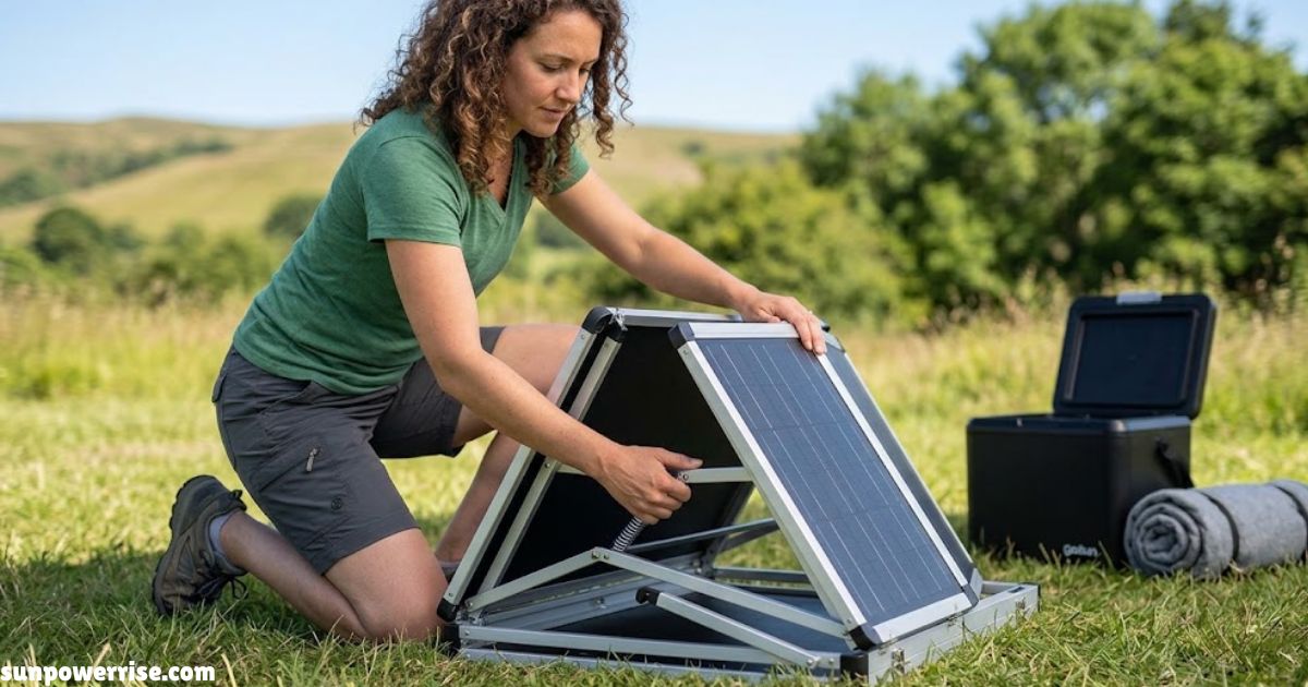 Woman setting up a GoSun Solar Table 60 with portable solar panels outdoors
