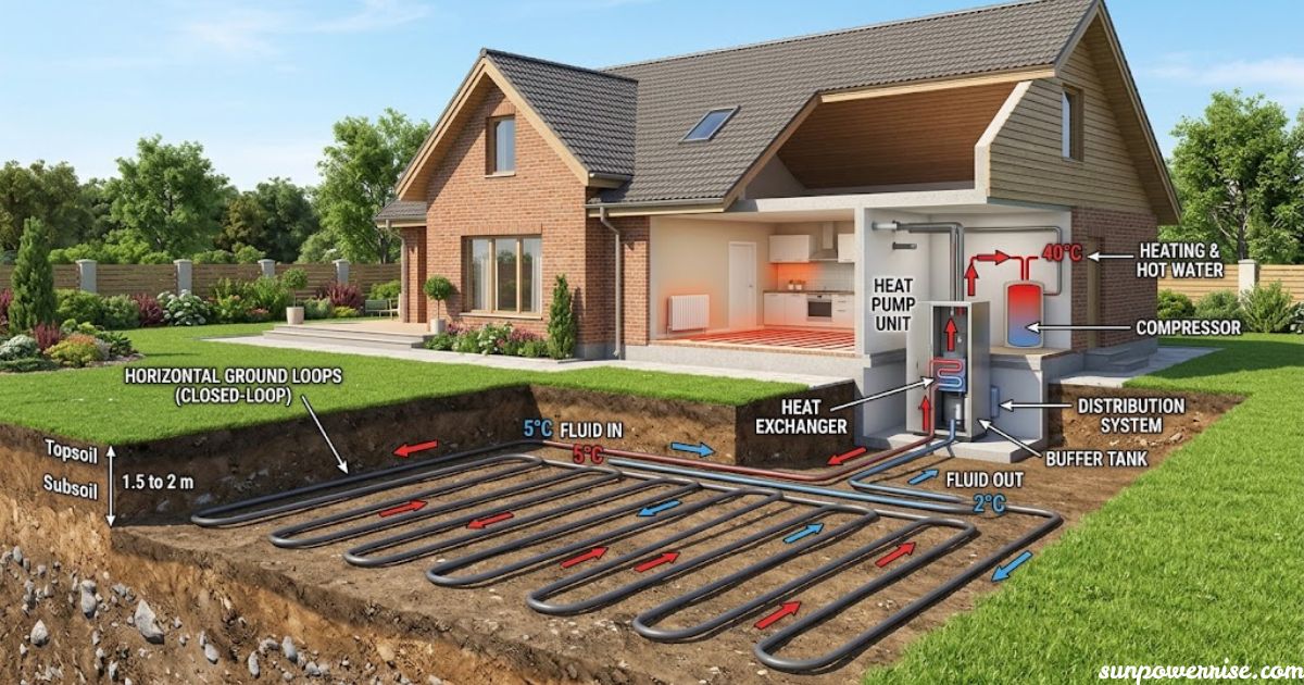 Ground source heat pump installation with underground horizontal ground loops connected to a residential heating system