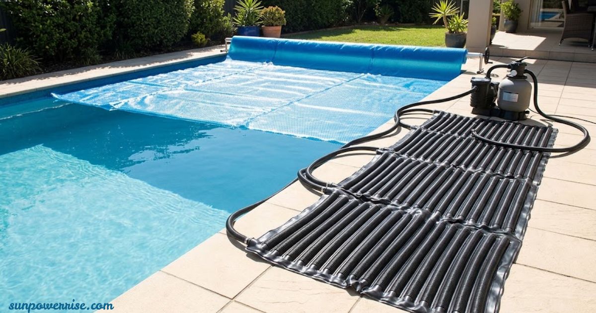 Heating a swimming pool with solar panels using a solar pool heating system beside the pool.