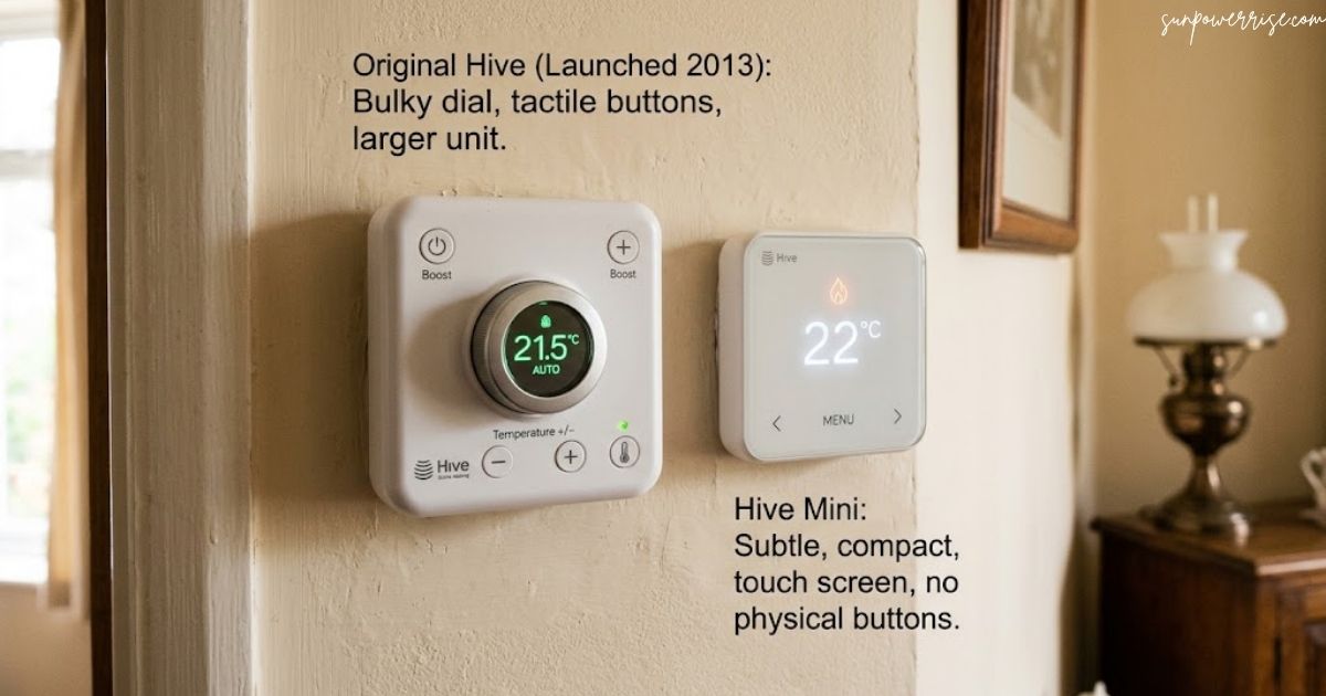 Hive Mini Thermostat displayed beside the original Hive thermostat, highlighting its compact touchscreen design.