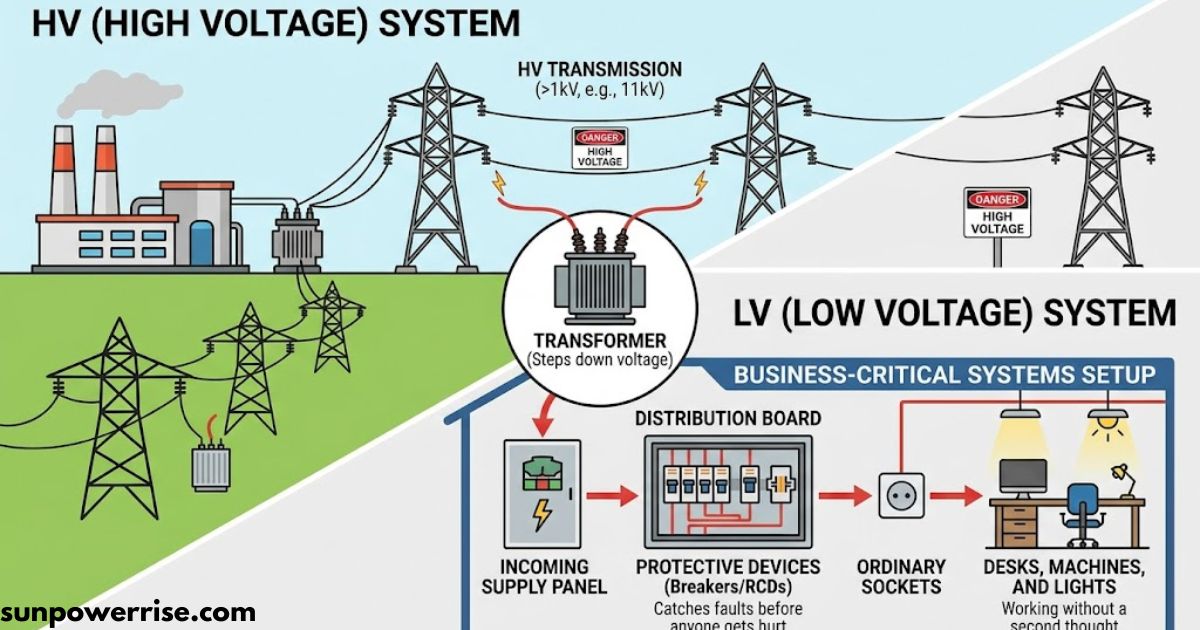 HV (high voltage) system diagram showing power transmission, transformers, distribution boards, and LV supply.