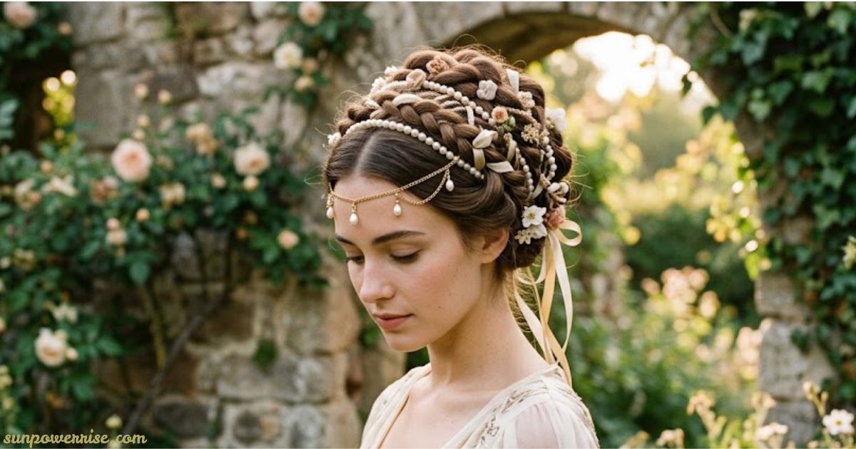 Mediaeval hairstyles with an ornate braided updo decorated with pearls and flowers in a garden setting.