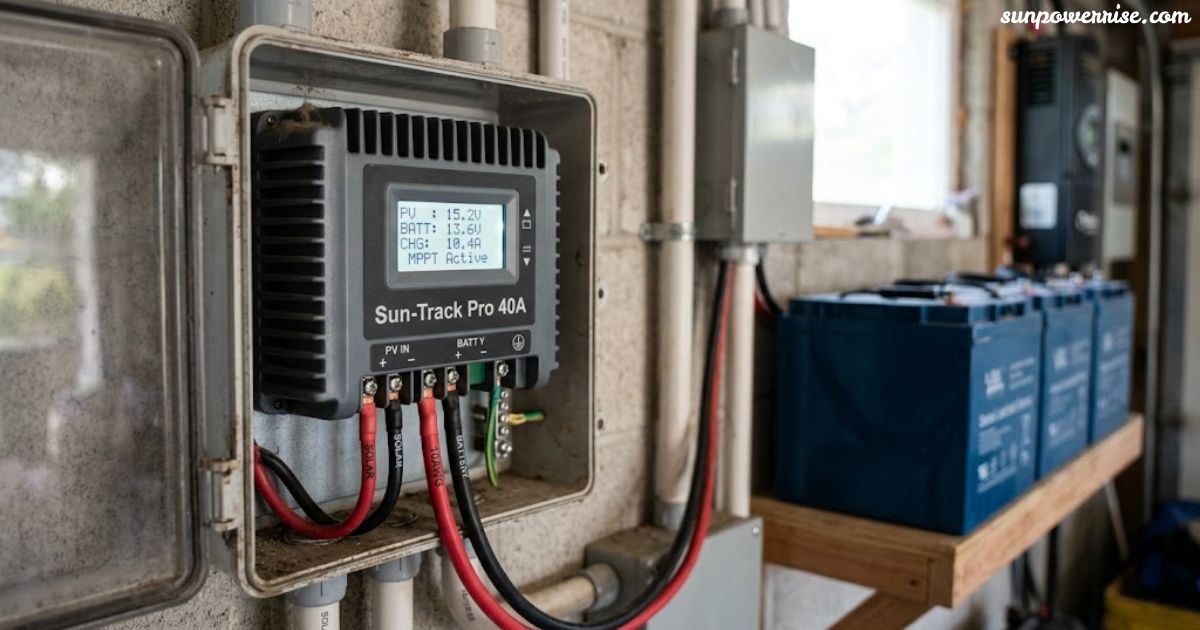 Solar MPPT charge controller connected to solar panels and batteries.