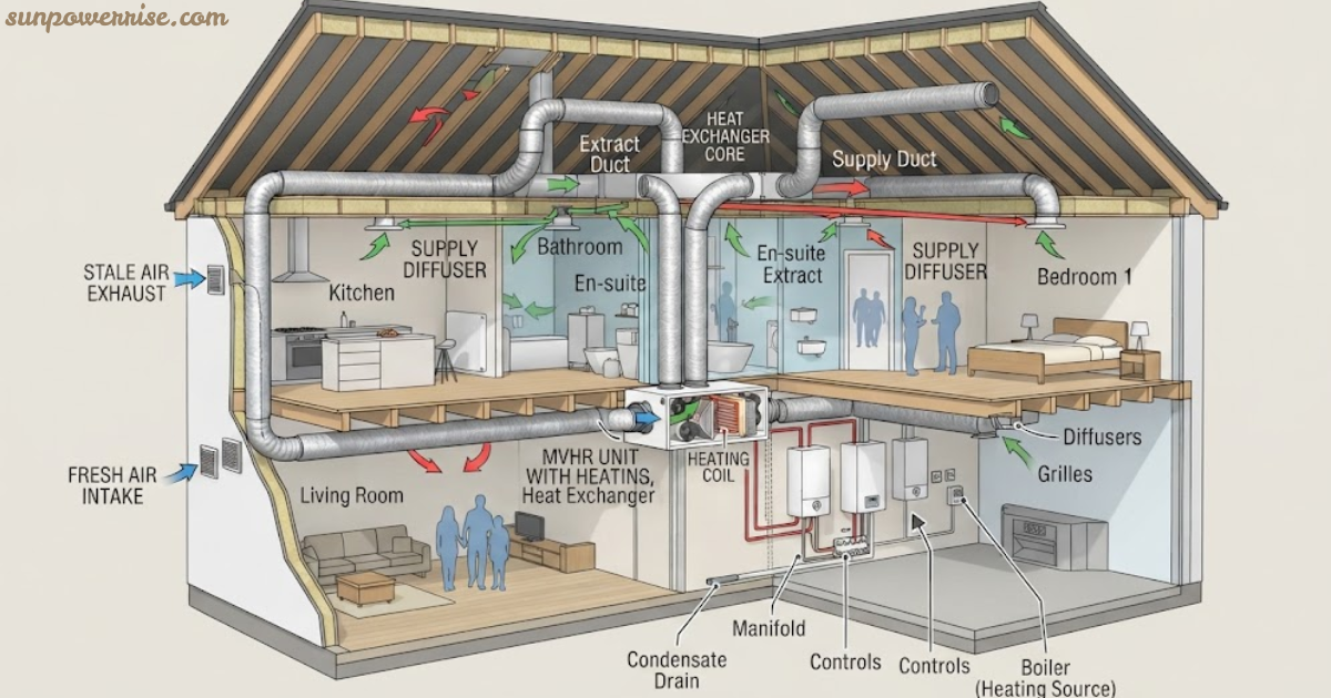 MVHR system with heat exchanger, ventilation ducts, and air distribution in a home.