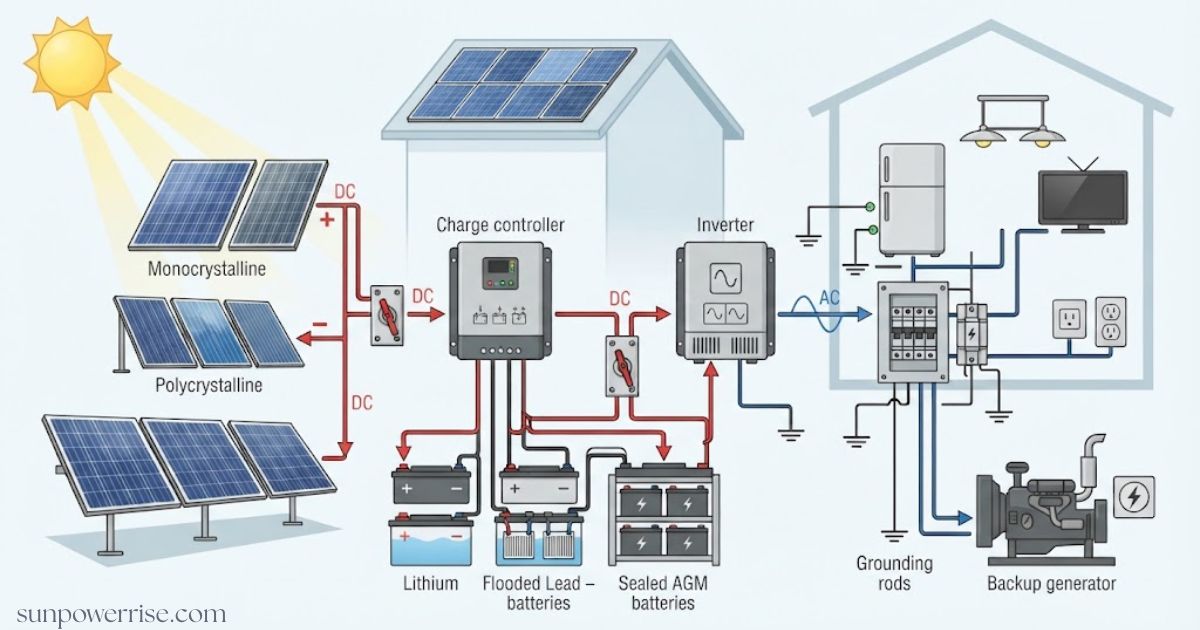 Off grid solar system diagram showing solar panels, batteries, inverter and home power supply