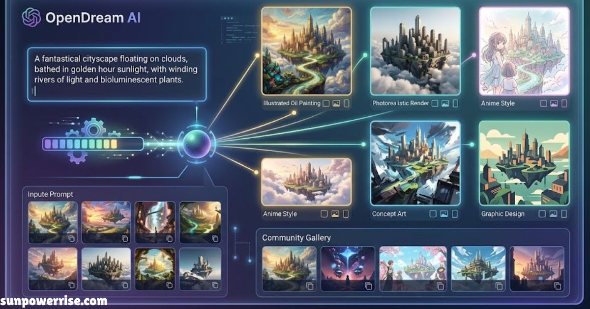 OpenDream AI interface displaying a fantasy cityscape prompt with multiple AI-generated variations