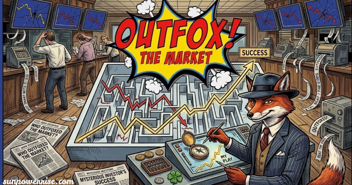 Outfox the Market reviews illustration featuring a fox running through financial charts, market risks, volatility, and investment opportunities.