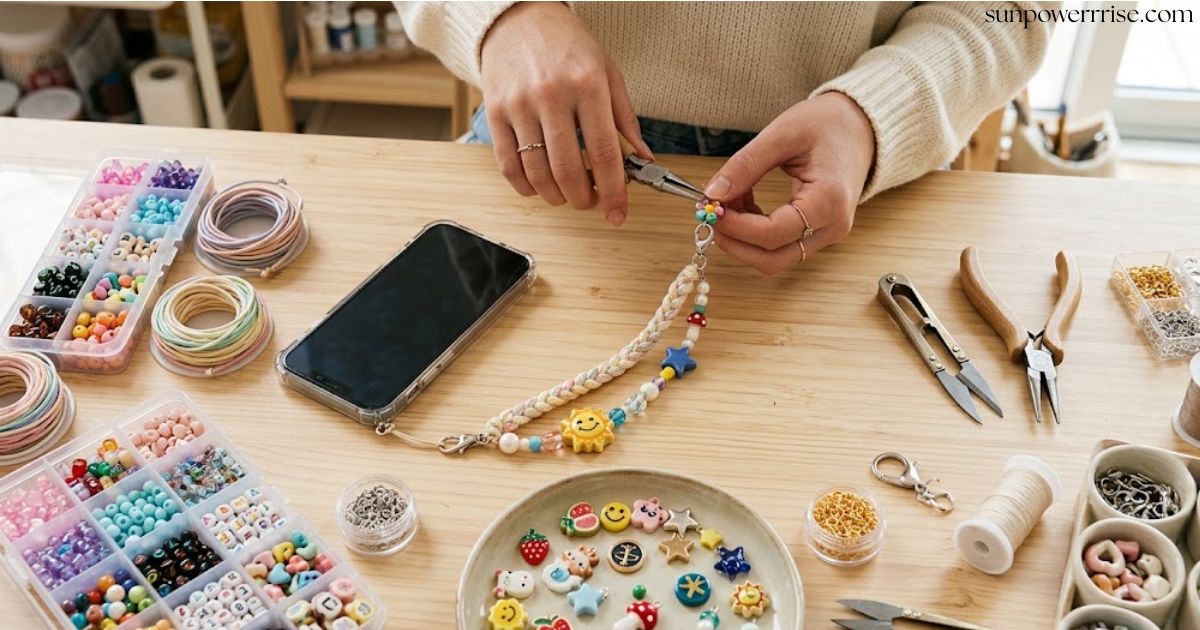 Phone charm strap made with colorful beads and decorative charms for a smartphone.