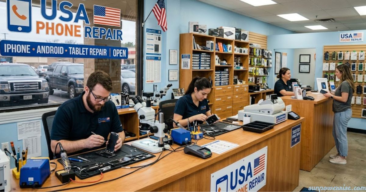 Phone repair shop technicians repairing smartphones with professional tools and equipment.