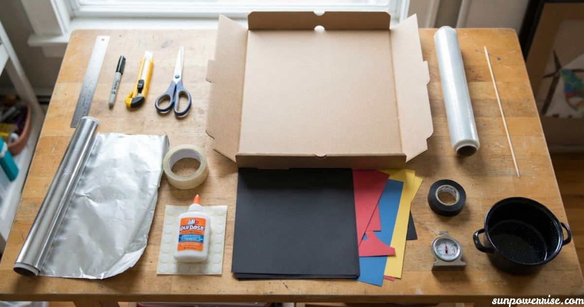 DIY pizza box solar oven with pizza inside