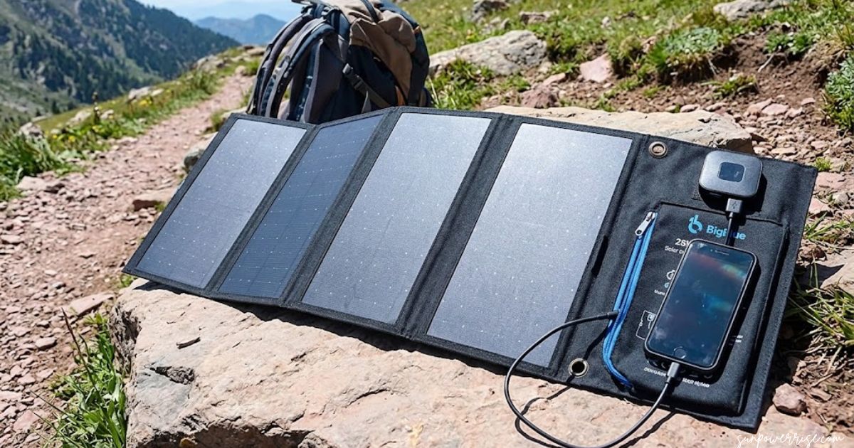 Portable solar devices charging a smartphone on a rock along a mountain hiking trail