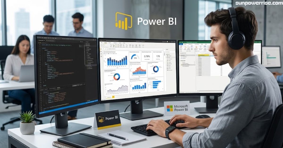 Power BI developer working with multiple monitors showing Power BI dashboards, data tables, and code 