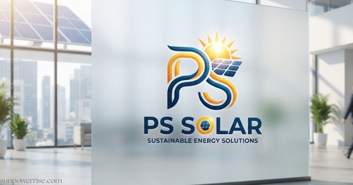 PS Solar logo displayed in a modern office lobby, highlighting sustainable energy solutions with solar panels visible in the background.