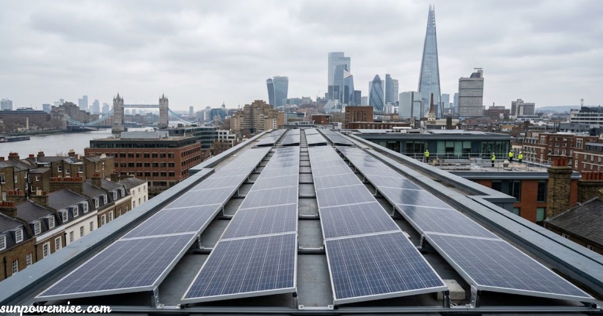 PV panels London rooftop overlooking the city skyline