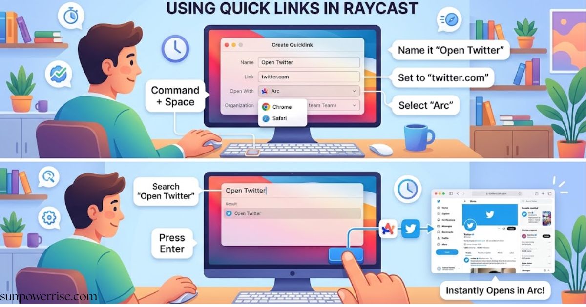 Illustrated tutorial showing how to create and use a Quick Link in Raycast to open Twitter/X in Arc