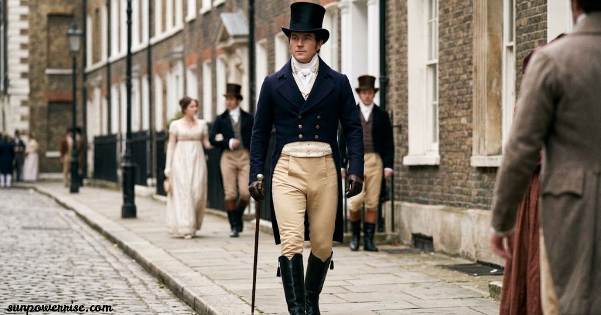 Regency era fashion featuring a man in a formal tailcoat, top hat, waistcoat and riding boots on a historic street.