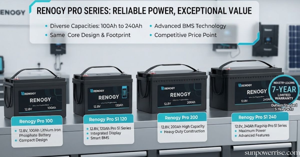Renogy battery range featuring Pro Series lithium iron phosphate batteries in multiple capacities.