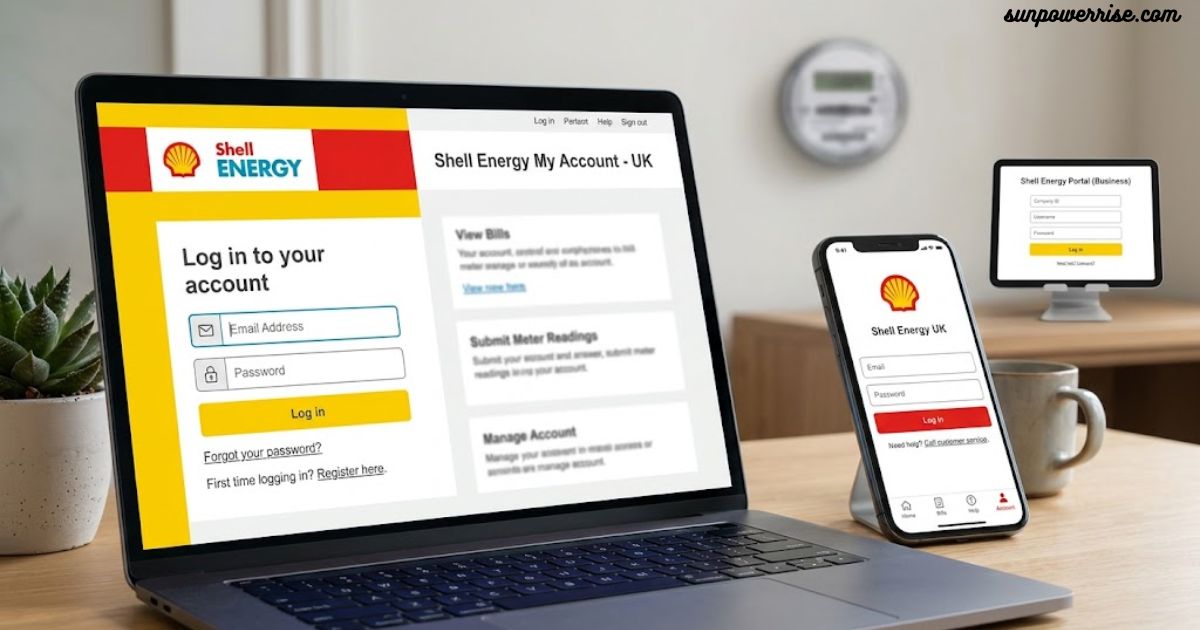 Shell Energy login page shown across a laptop, smartphone, and desktop computer.