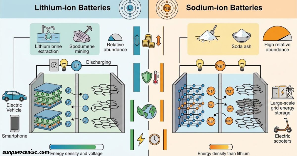Sodium ion battery comparison with lithium-ion batteries, showing sodium-ion materials, ion movement, energy storage, and applications