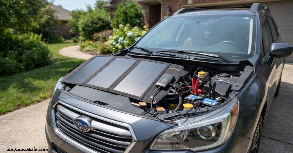 Solar car battery charger using sunlight to charge a vehicle battery.