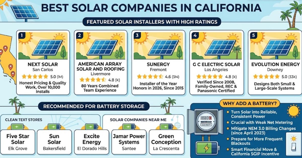 Solar companies near me guide highlighting leading solar installers, ratings, and battery storage solutions in California.