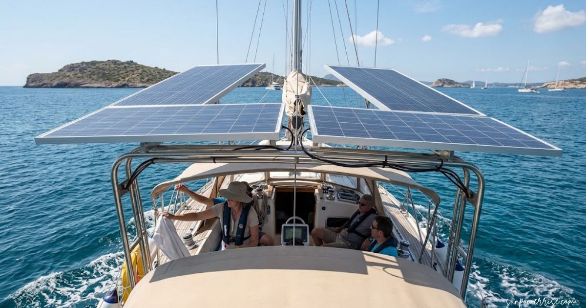 Solar panels for boats mounted on a sailing boat to generate renewable power at sea.