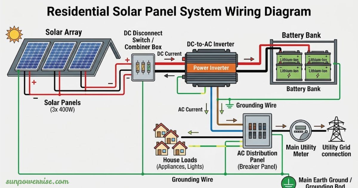 Solar panel wiring diagram showing three 400W solar panels connected to a DC disconnect/combiner box, power inverter, lithium-ion battery bank, AC distribution panel, household loads, utility meter, grid connection, and grounding system.