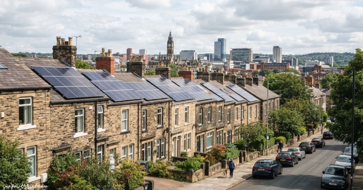 Solar panels Leeds installed on residential rooftops in UK.