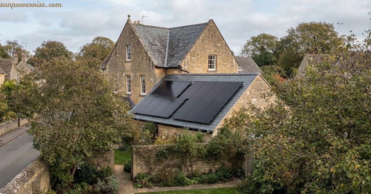 Solar panels on listed buildings installed on the roof of a traditional stone house.
