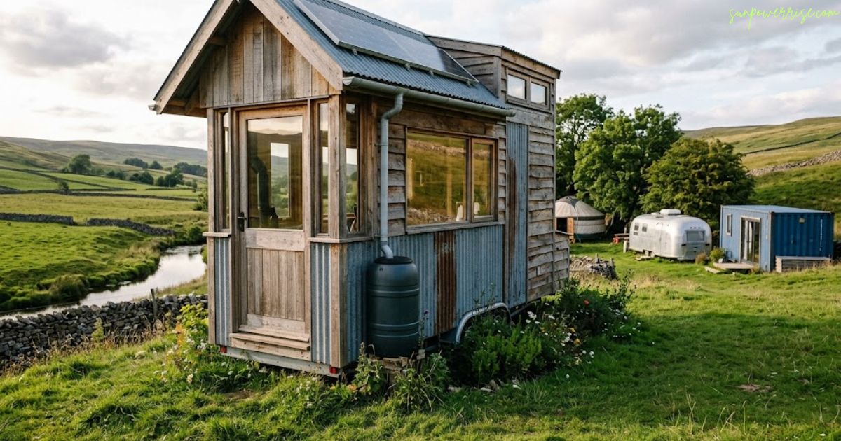 Tiny house movement UK with a solar-powered tiny home surrounded by rolling green hills.