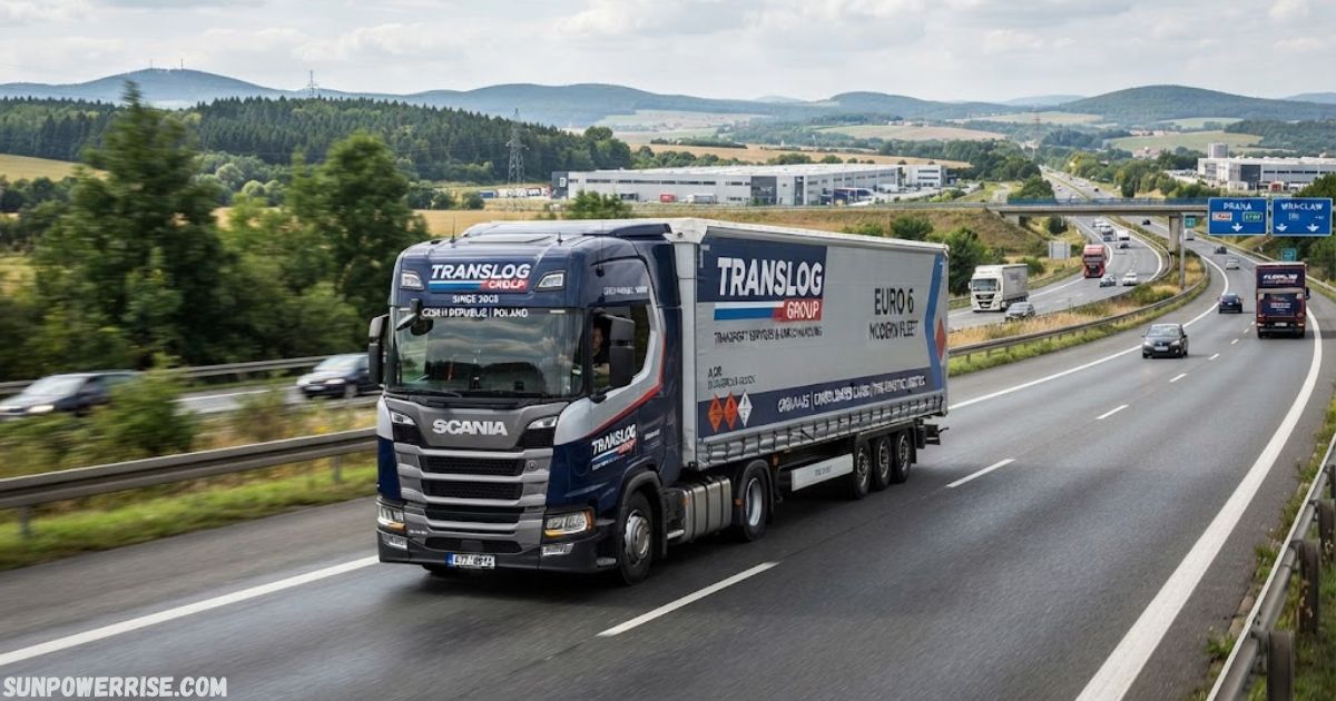 Translog freight truck transporting goods on a highway, representing global logistics and supply chain solutions.