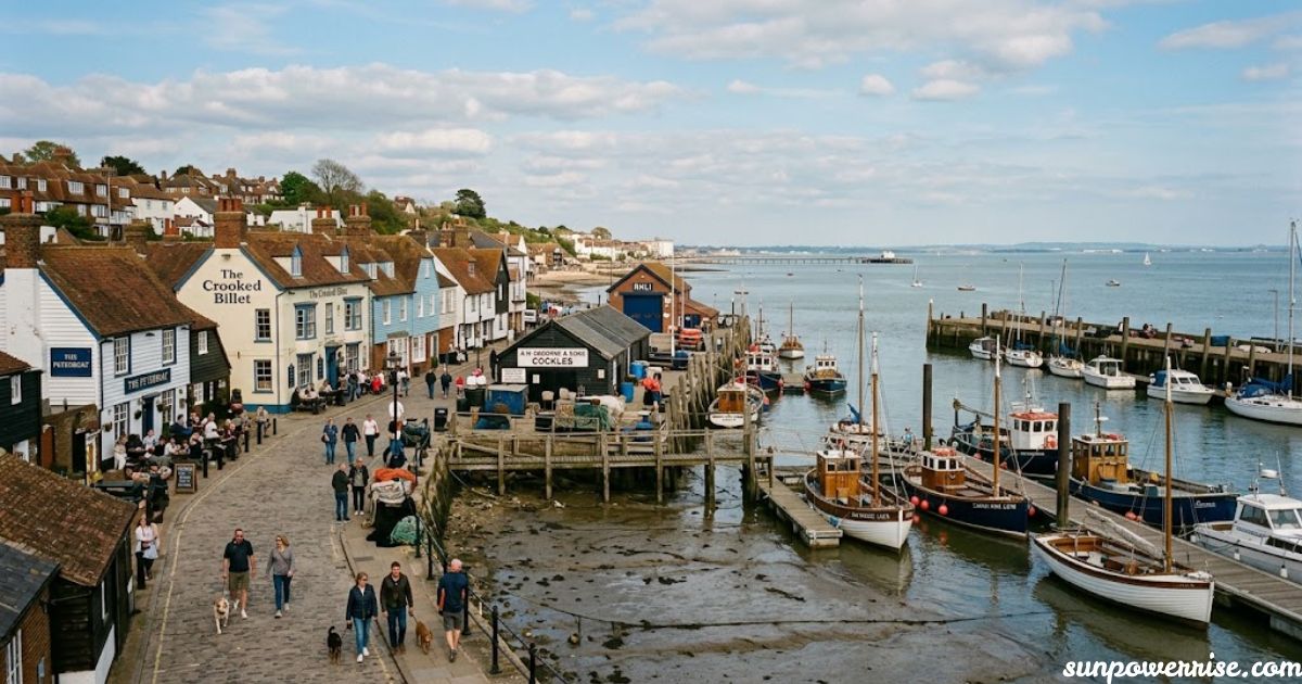 UK Leigh on Sea harbour viewed from above, featuring traditional seaside cottages, fishing boats, waterfront pubs
