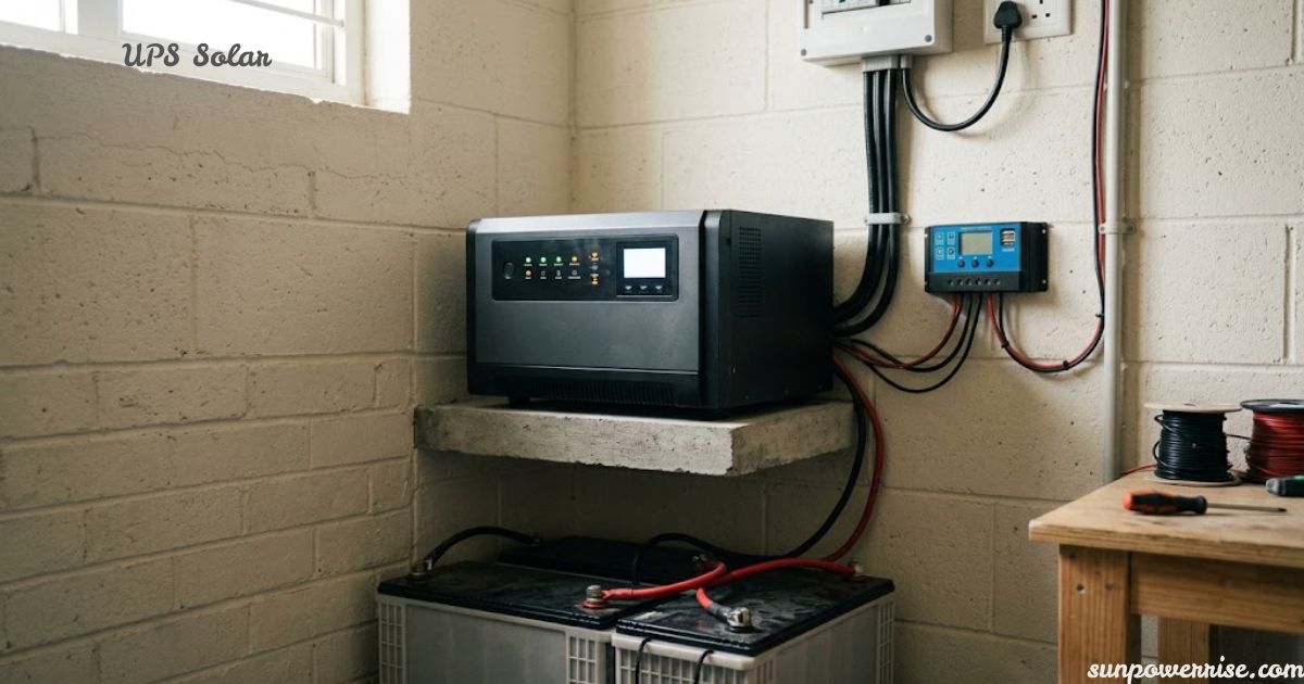 UPS solar backup system with batteries, inverter, and electrical connections.