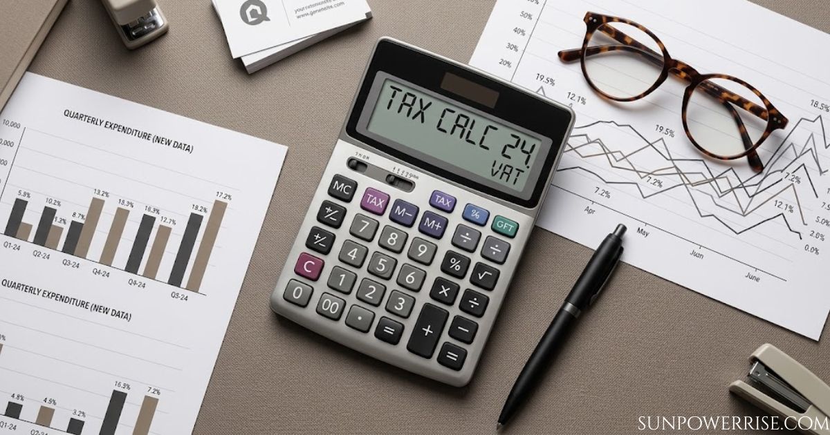 Calculator showing VAT on solar panels calculations alongside financial charts and tax documents.
